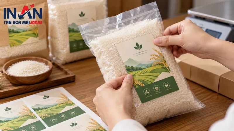 Kiểm tra tem nhãn dán trên bao bì gạo