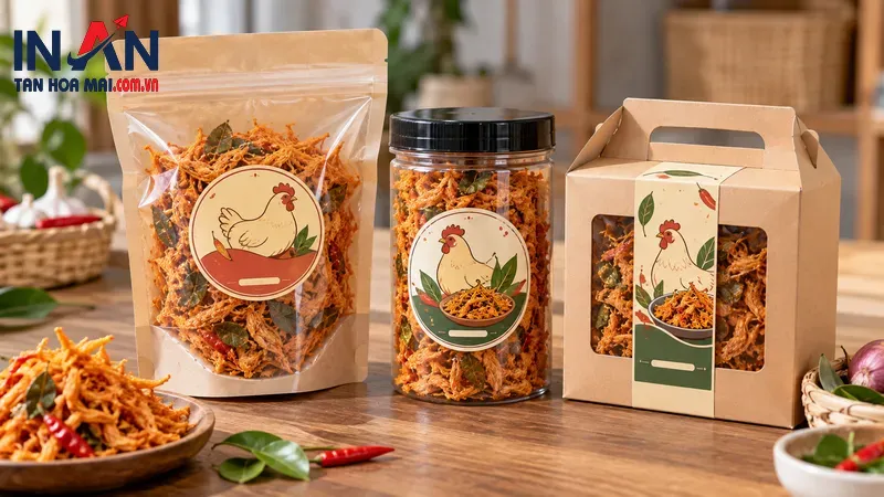 Bao khô gà và hộp khô gà có tem nhãn sản phẩm Bao khô gà và hộp khô gà có tem nhãn sản phẩm