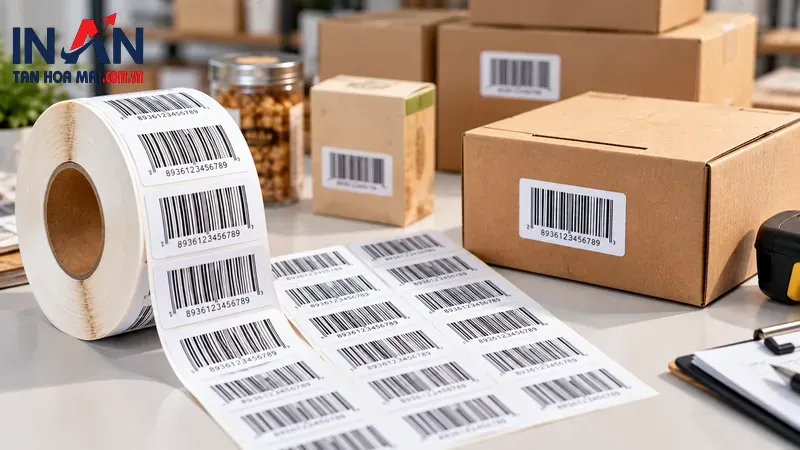 Cuộn tem mã vạch cạnh thùng carton