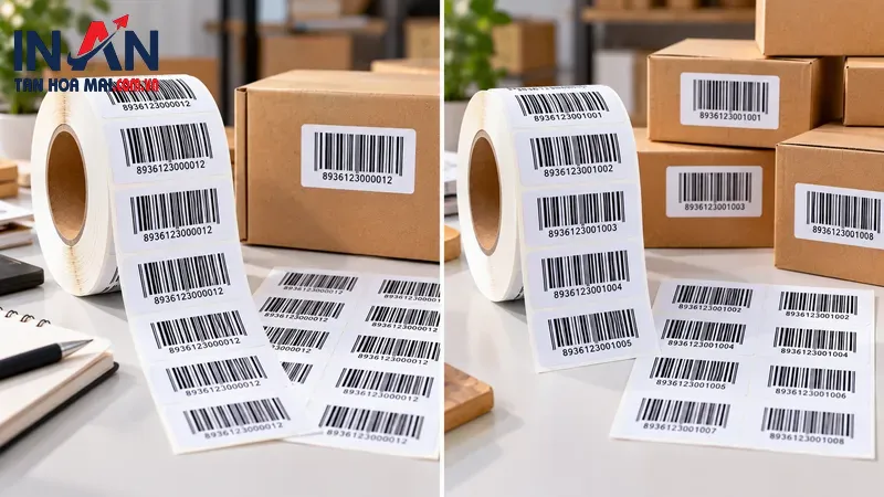 Các mẫu tem barcode in trên nhãn dán và hộp