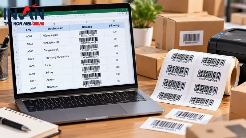 File dữ liệu mã vạch trên máy tính và cuộn tem