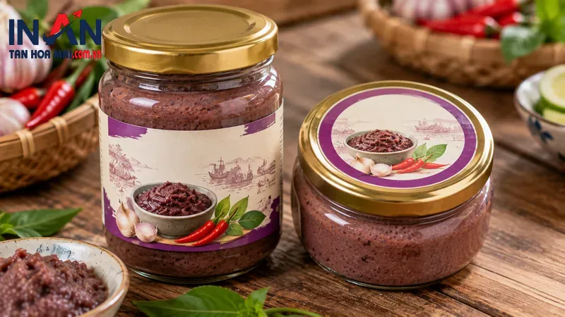 Lọ mắm ruốc với tem nắp và nhãn thân lọ