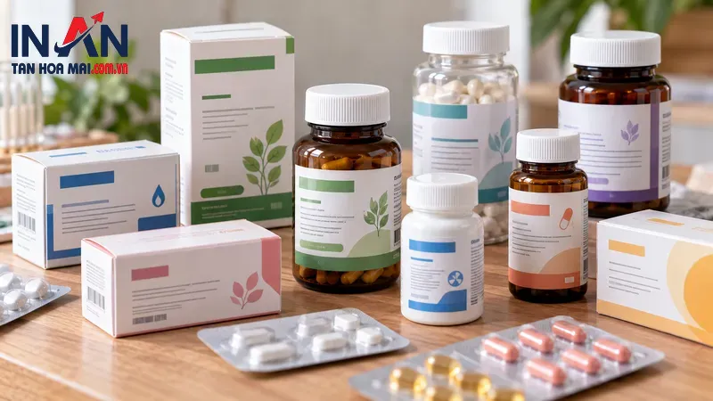 Các hộp thuốc và chai dược phẩm có tem nhãn