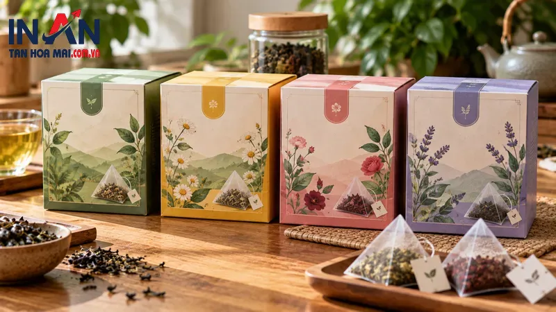 Các mẫu tem trà đồng bộ trên những dạng bao bì