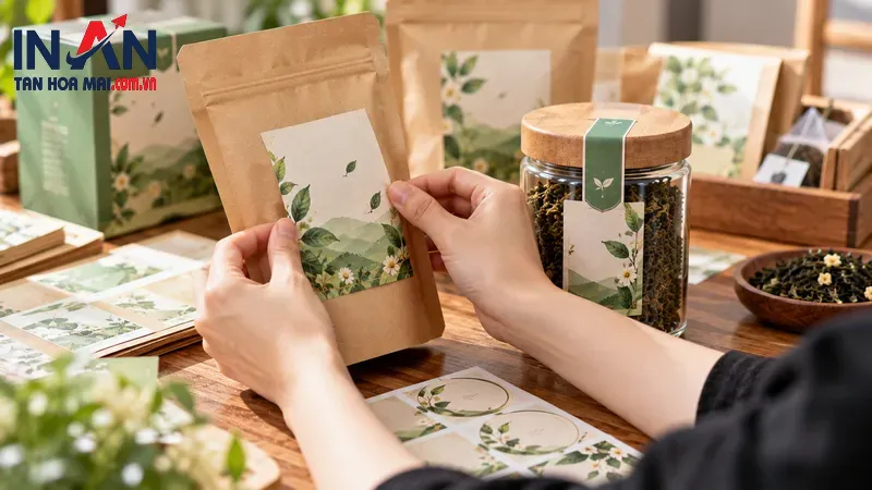 Cầm túi trà để kiểm tra nhãn in và vùng dán