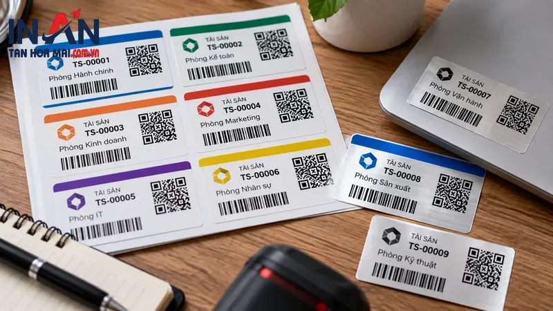 Các thiết kế nhãn mã số tài sản kèm QR và barcode