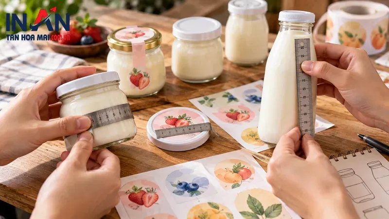 Tay cầm hũ sữa chua và đối chiếu mẫu nhãn