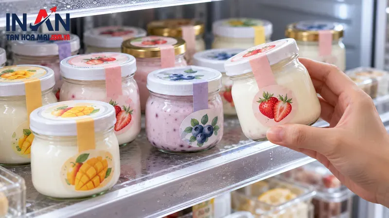 Hũ sữa chua trong tủ mát với nhãn sản phẩm
