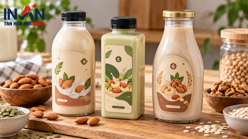 Chai sữa hạt có tem nhãn tông màu tự nhiên