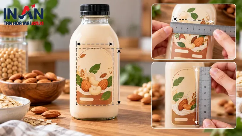 Các mẫu tem sữa hạt dán trên chai thủy tinh