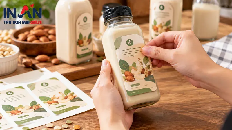 Kiểm tra nhãn trên chai sữa hạt thành phẩm