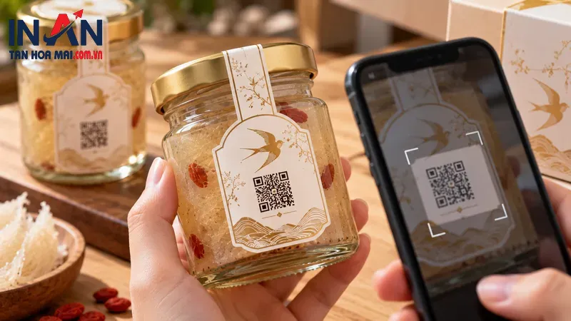 Dùng điện thoại kiểm tra mã QR trên nhãn hũ yến