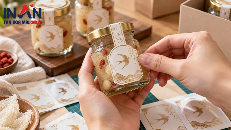 Cách đặt tem dán lên hũ yến thủy tinh