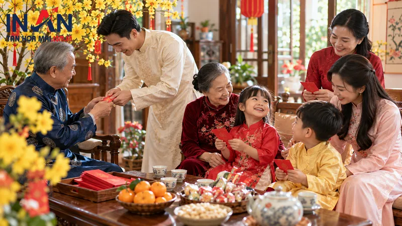 Người trẻ trao lì xì mừng tuổi người lớn tuổi ngày Tết