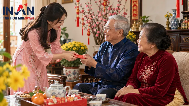 Trẻ em nhận lì xì trong buổi sum họp gia đình ngày Tết