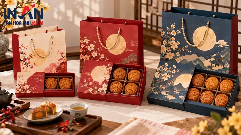 Bao bì bánh Trung Thu và túi giấy đồng bộ hoa văn