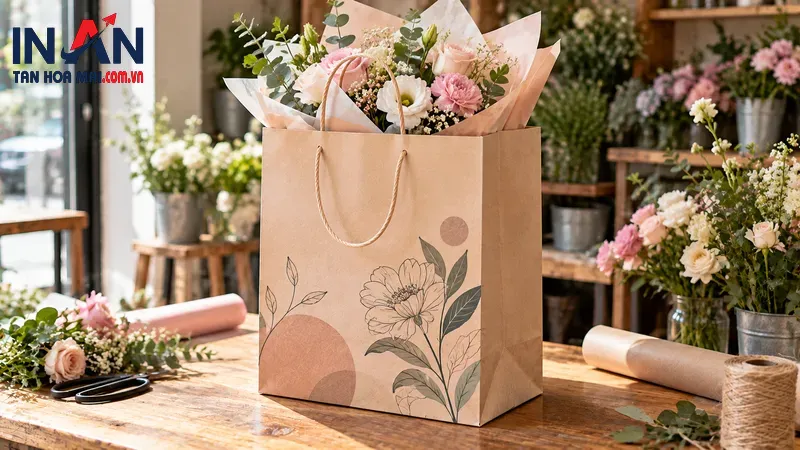 Mẫu túi giấy Kraft đựng bó hoa tại cửa hàng Mẫu túi giấy Kraft đựng bó hoa tại cửa hàng