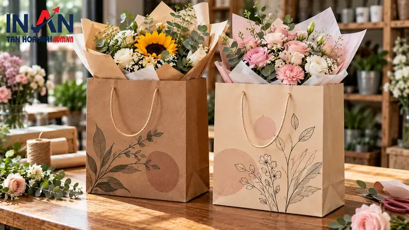 Hai mẫu túi giấy đựng hoa màu Kraft và pastel Hai mẫu túi giấy đựng hoa màu Kraft và pastel