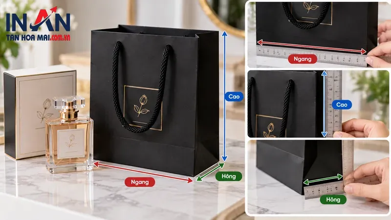 Bản thiết kế túi giấy nước hoa màu đen trên máy tính Bản thiết kế túi giấy nước hoa màu đen trên máy tính