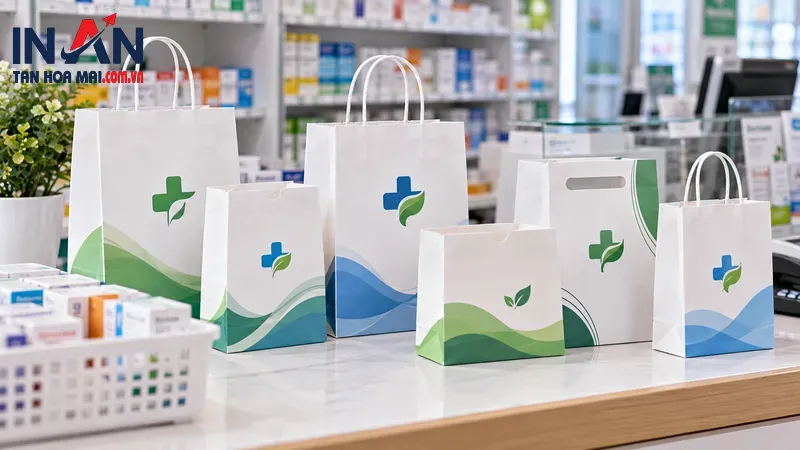 Mẫu túi giấy nhà thuốc với màu xanh dương và trắng Mẫu túi giấy nhà thuốc với màu xanh dương và trắng