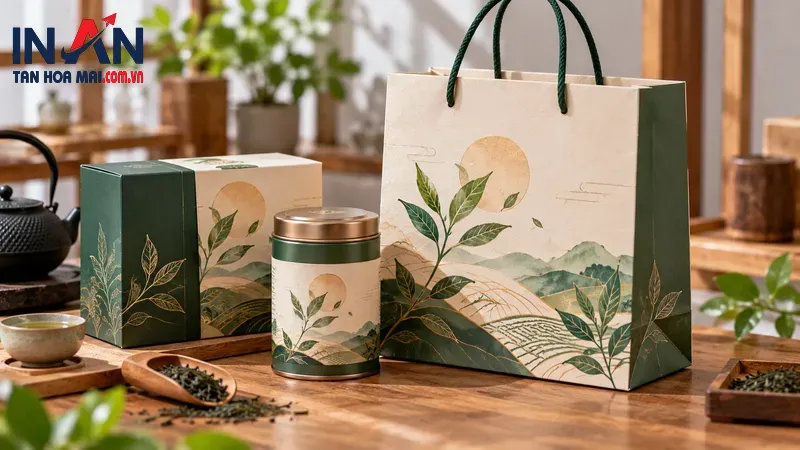 Bộ túi giấy đựng trà xanh và hộp trà cao cấp Bộ túi giấy đựng trà xanh và hộp trà cao cấp