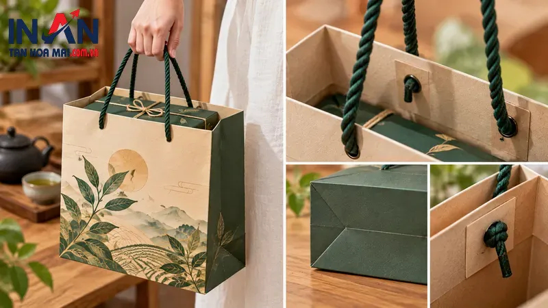 Chi tiết quai và kết cấu túi giấy cho hộp trà Chi tiết quai và kết cấu túi giấy cho hộp trà