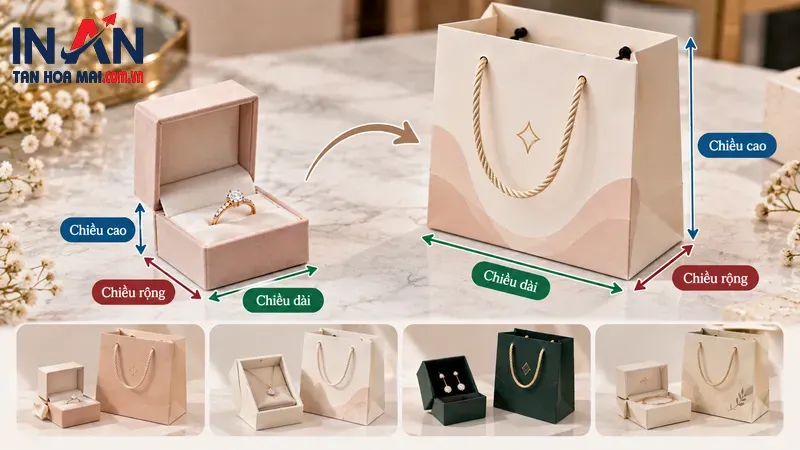 Mẫu túi giấy đựng trang sức tông hồng kem và xanh Mẫu túi giấy đựng trang sức tông hồng kem và xanh